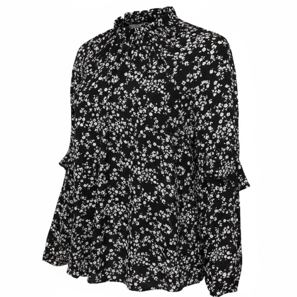 Moa Moa Floral Print Mock Neck Ruffle Detail Blouse Size L